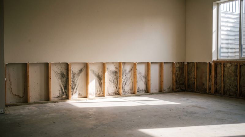 Black mold fanning up the studs and board backing inside a flood-cut basement wall, the damage mold remediation removes