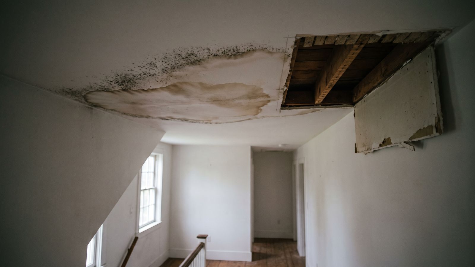 Mold and a brown water tide line spreading across a hallway ceiling cut open to bare joists before mold remediation