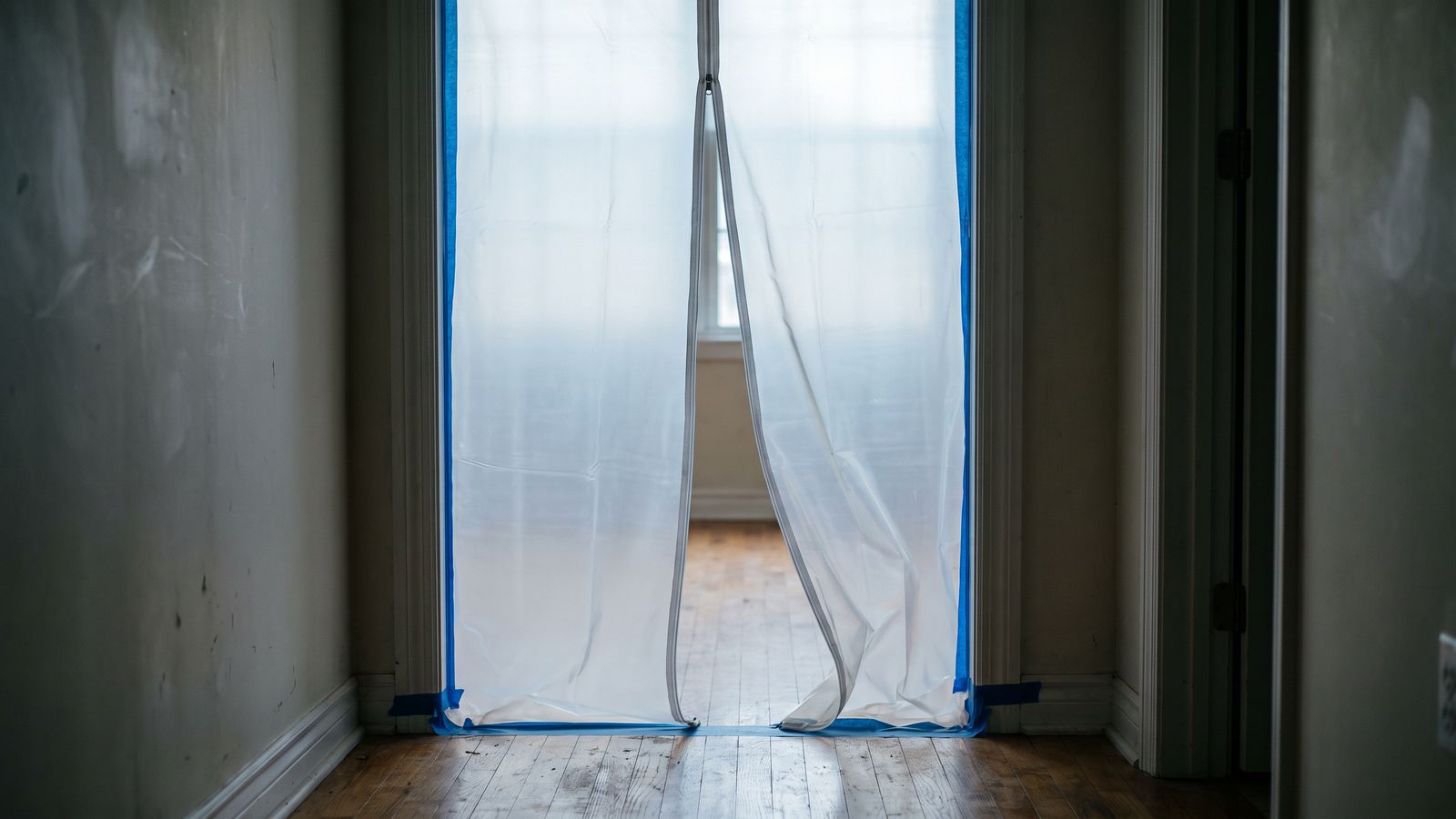 Plastic containment sheeting with a zippered entry sealing a doorway during mold remediation in a hallway