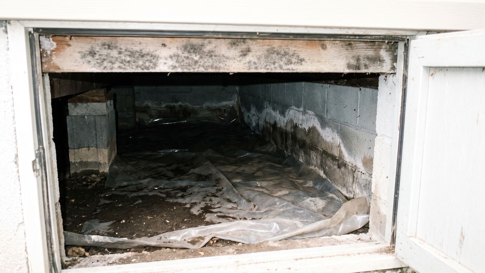Mold on the sill and white efflorescence on a damp crawl-space block wall, from slow, long-term moisture