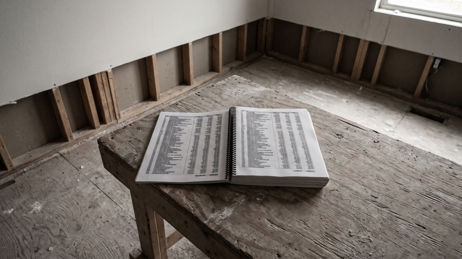 A spiral-bound estimate open on a workbench A thick spiral-bound estimate lies open on a weathered wood workbench in a stripped wood-framed room with a flood-cut wall.