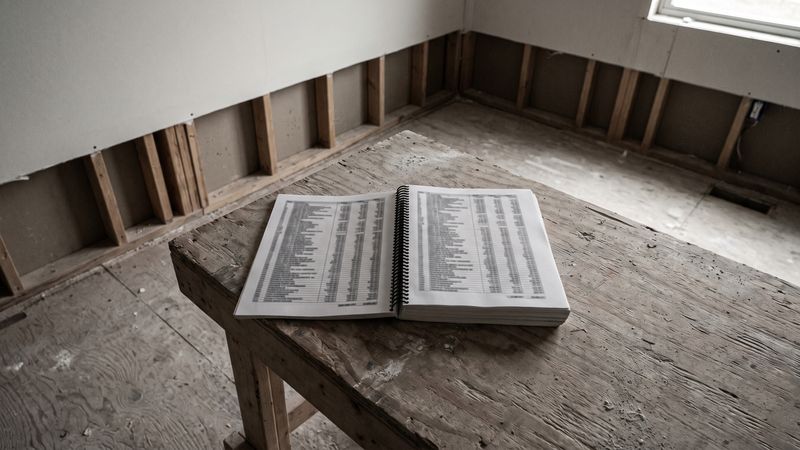 A thick spiral-bound estimate lies open on a weathered wood workbench in a stripped wood-framed room with a flood-cut wall.