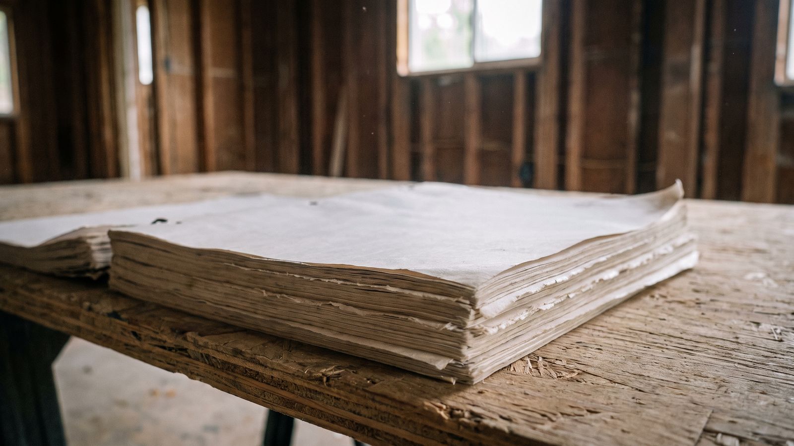 The fanned edges of a stack of estimate pages A thick fanned stack of loose printed pages on a wooden workbench, edges receding out of focus toward exposed studs.