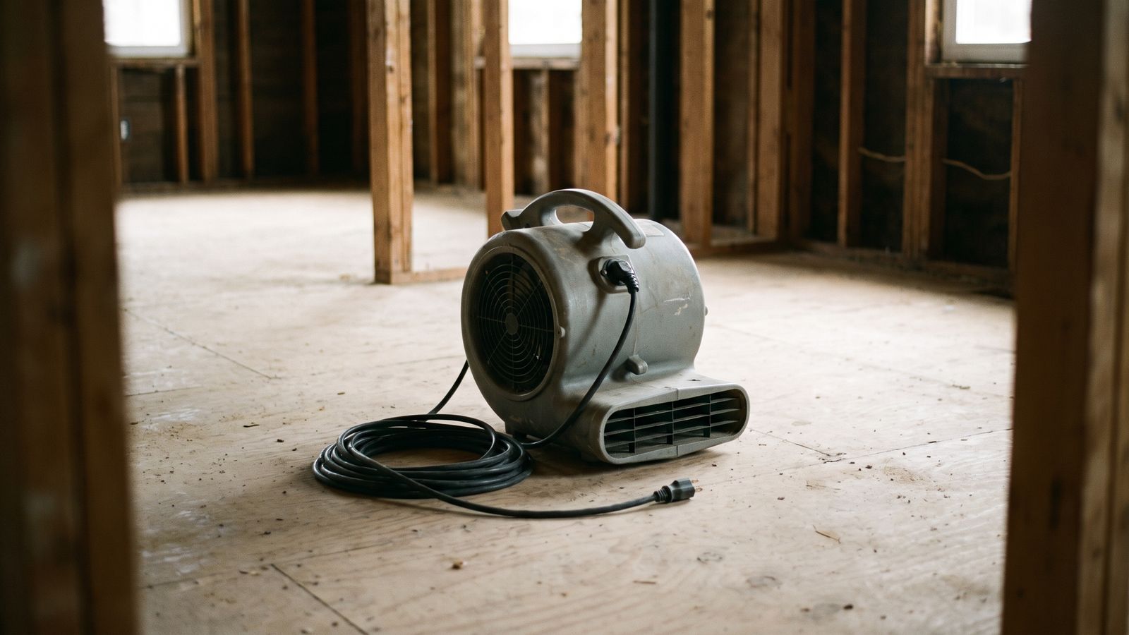 A single air mover on exposed subfloor A single gray air mover stands on a plywood subfloor in a stripped room, its power cord coiled on the floor beside it.