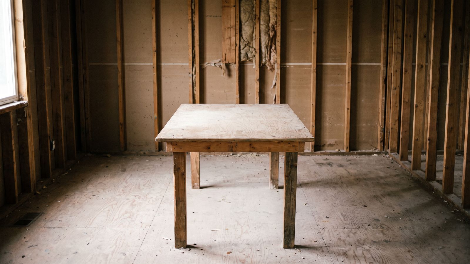 An empty table in a gutted room An empty plywood-topped table stands alone in a gutted wood-framed room with exposed studs and insulation behind it.