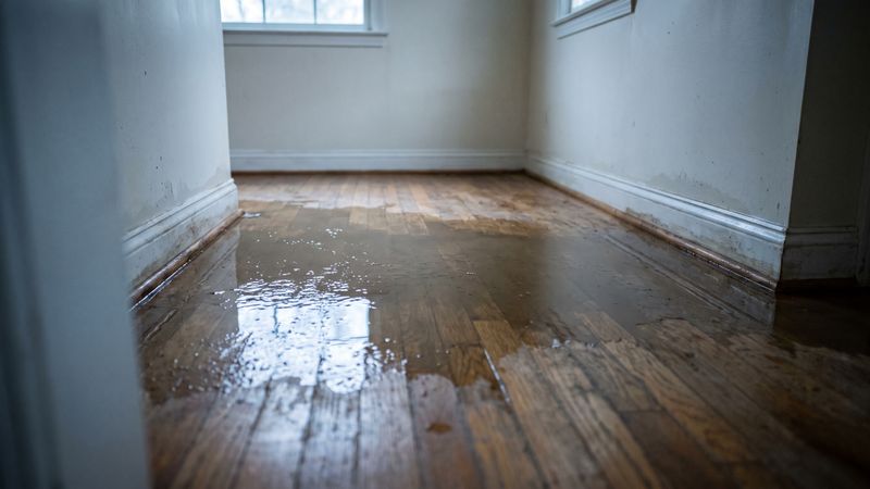 Standing water across hardwood flooring in an empty room, baseboards darkened, before emergency water extraction