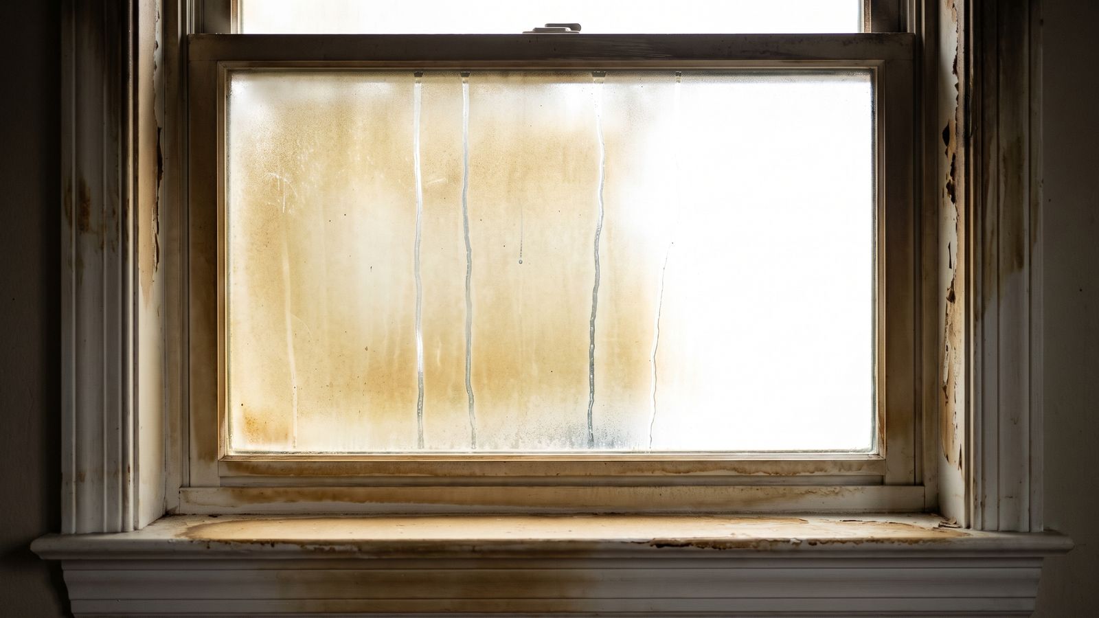 Acidic soot film hazing window glass and staining the sill, the residue fire and smoke damage restoration removes