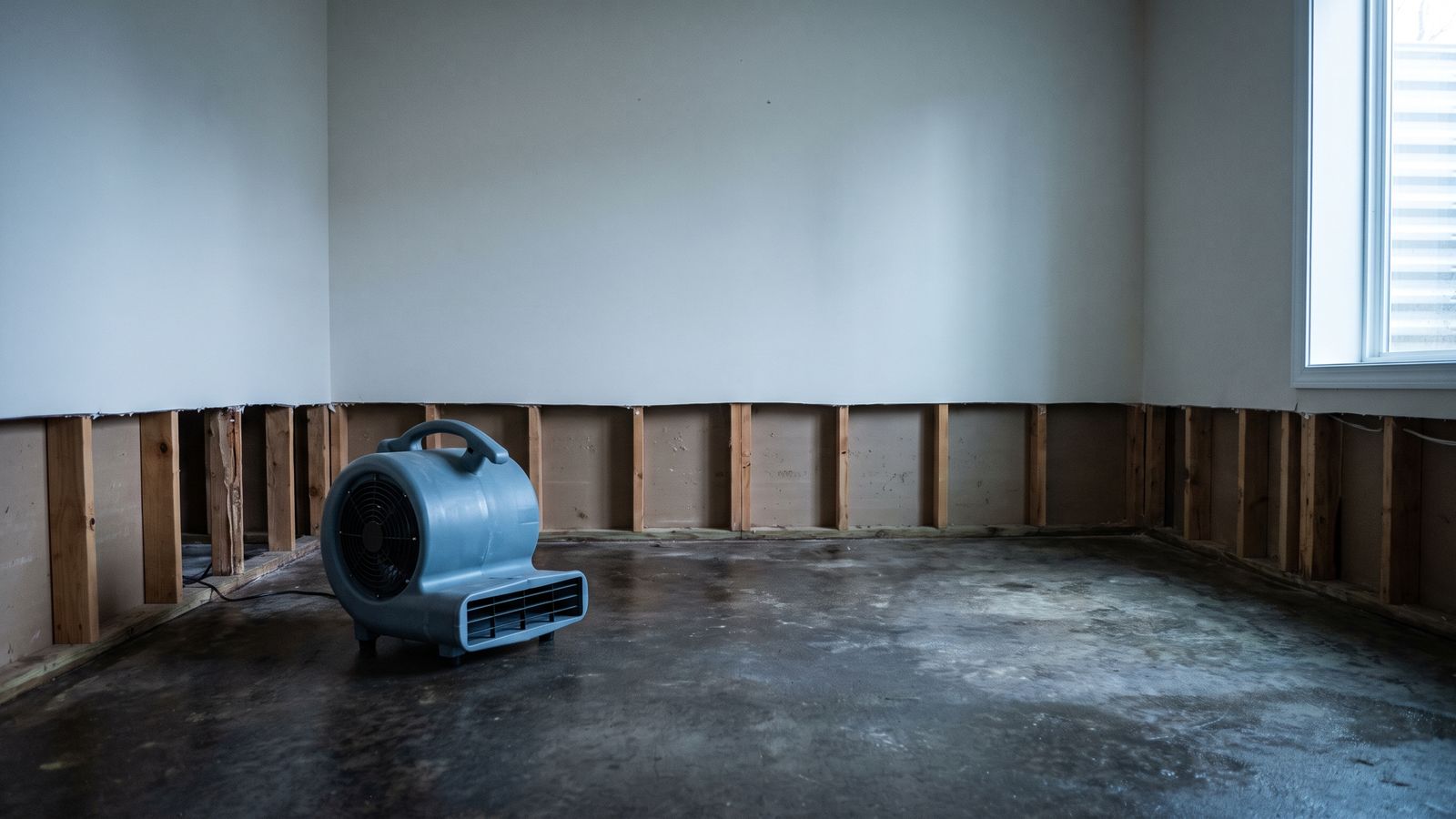 Centrifugal air mover on a bare slab by a flood-cut wall during fire and smoke damage restoration