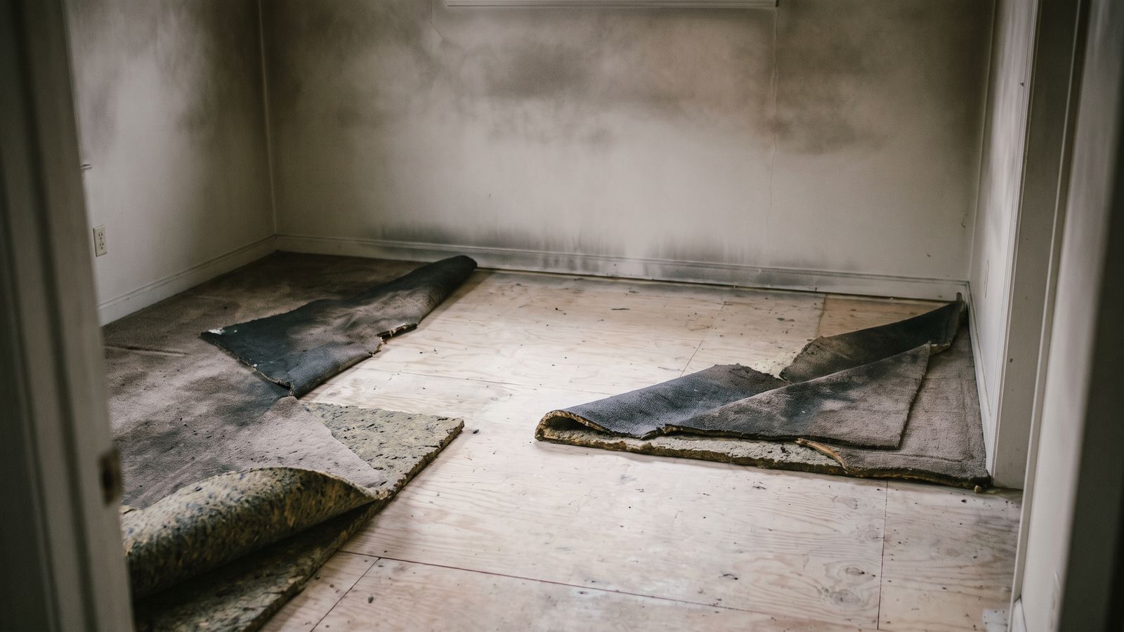 Smoke-saturated carpet and padding cut back from plywood subfloor during fire and smoke damage restoration