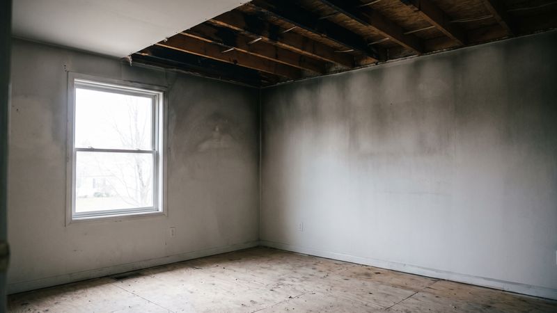Soot-hazed room stripped to joists and bare subfloor during fire and smoke damage restoration