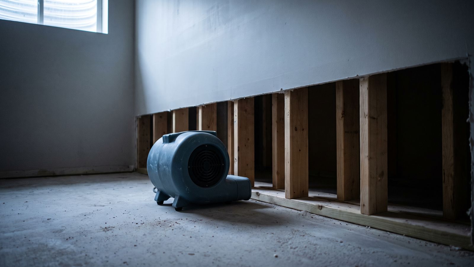 Air mover at the foot of a flood cut wall Blue-gray air mover on the slab beside stud bays left open by a flood cut drywall line two feet above the floor