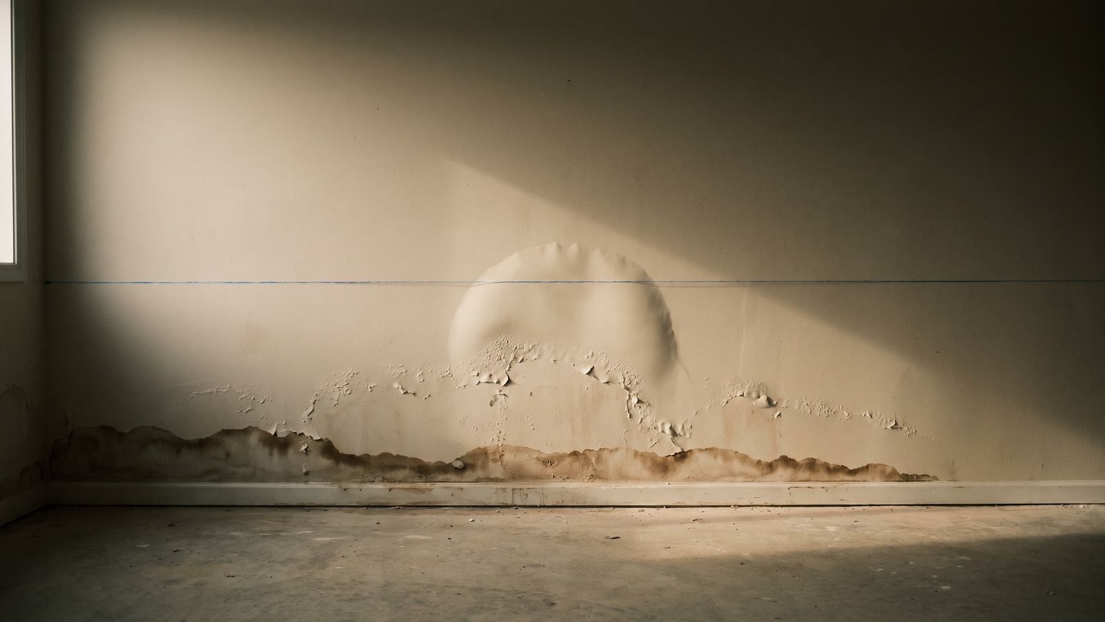 Chalk line struck above a water tide line Blue chalk line snapped above a brown tide line and bubbled paint, marking how high the flood cut drywall goes