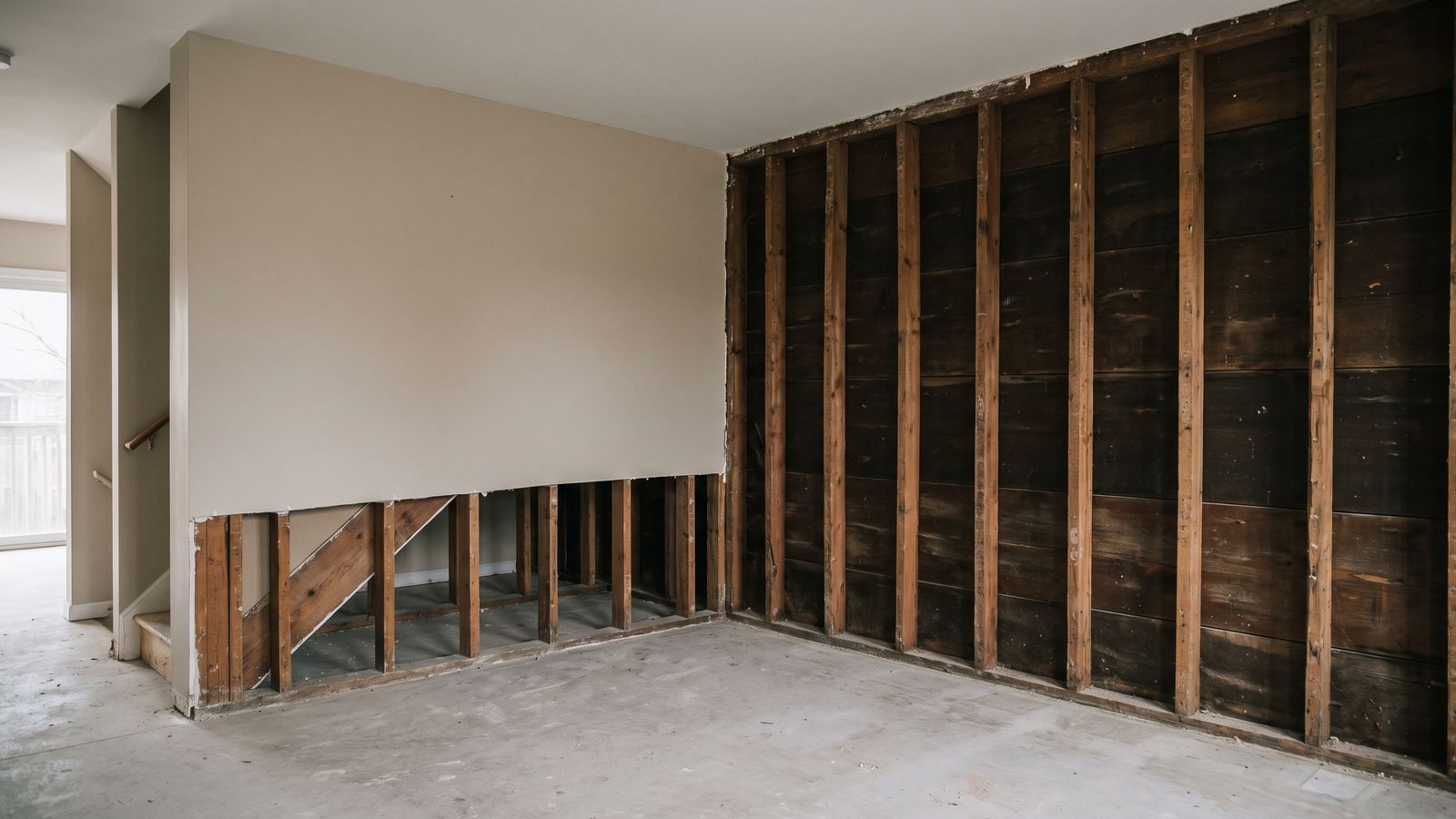 Flood cut and full gut meeting at a corner Flood cut drywall on one wall meeting a return wall stripped to bare studs floor to ceiling in an emptied lower level
