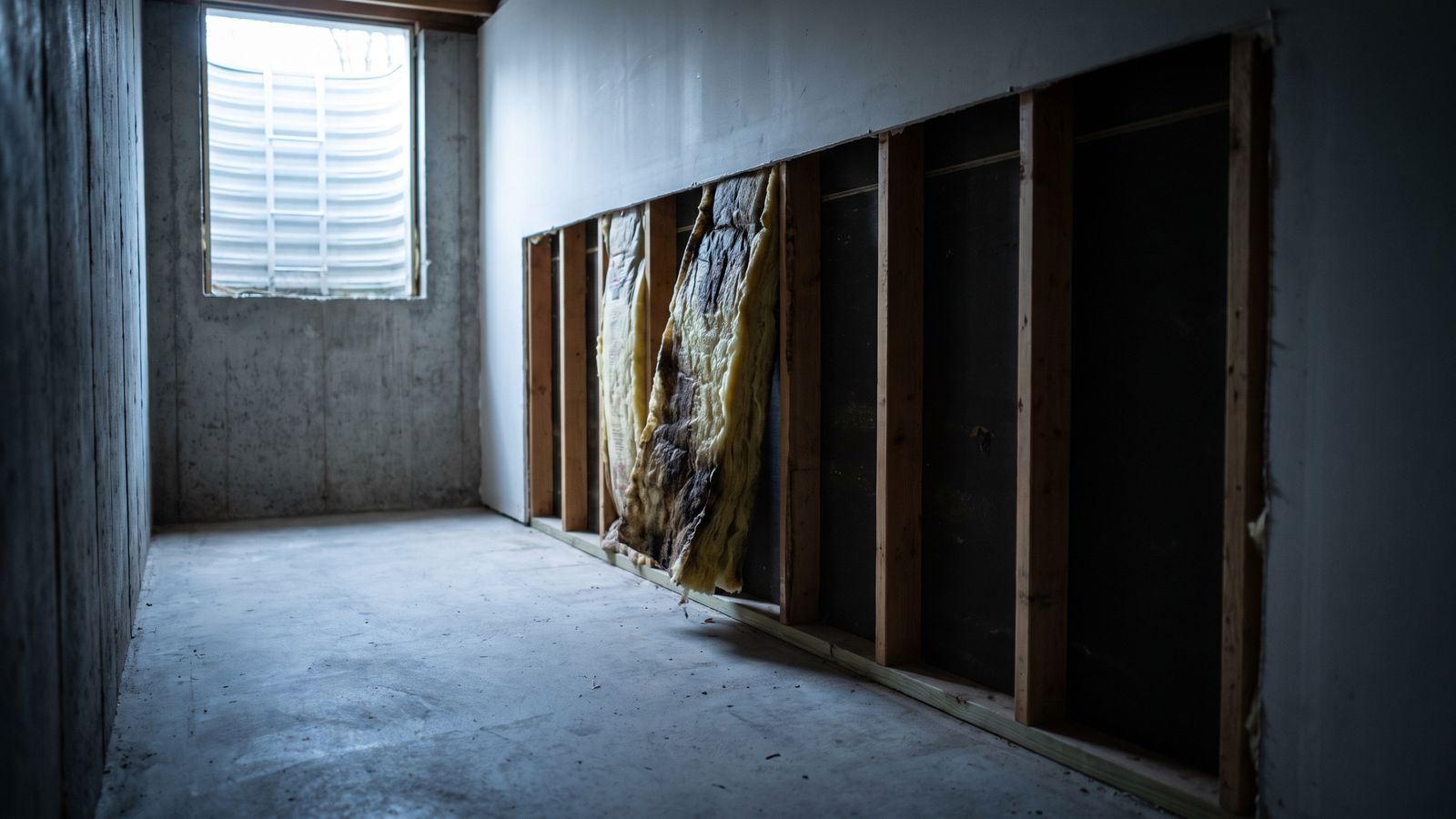 Soaked insulation left in a bay after a high cut Water-darkened fiberglass batt slumping from a stud bay under a four-foot flood cut drywall line, other bays emptied