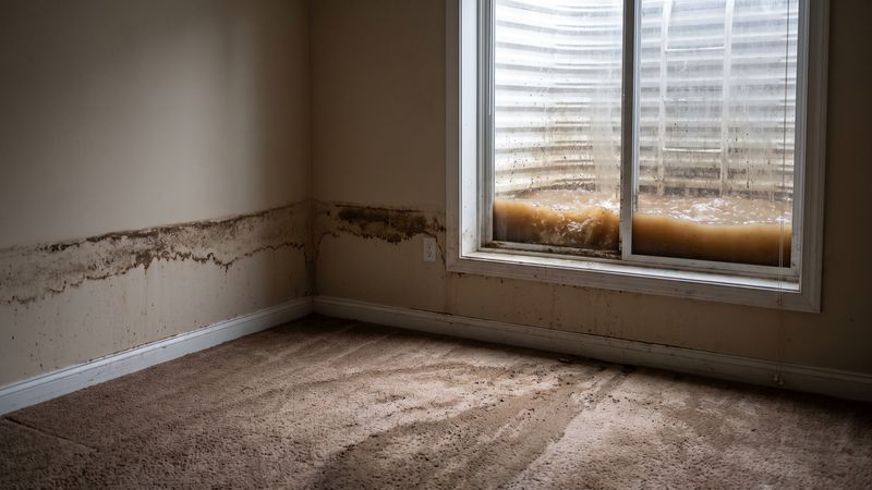 Brown floodwater in a basement window well above a silt tide line and soaked carpet — flood insurance vs water damage