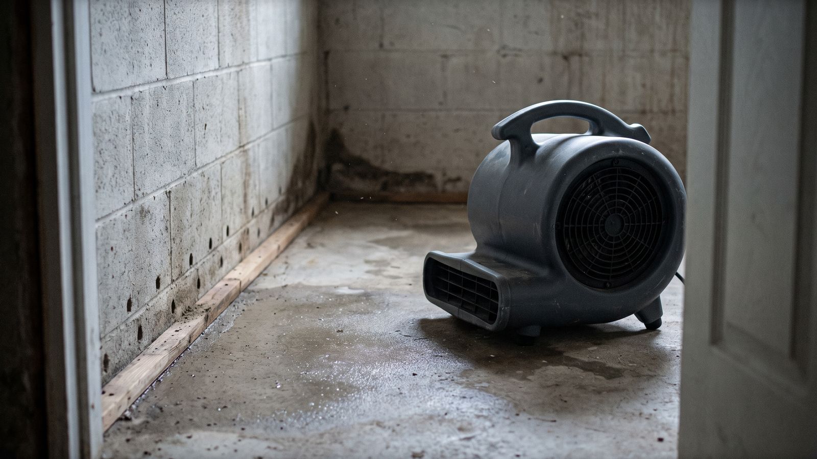 Centrifugal air mover on the slab beside a block wall drilled at the base for flooded basement drying