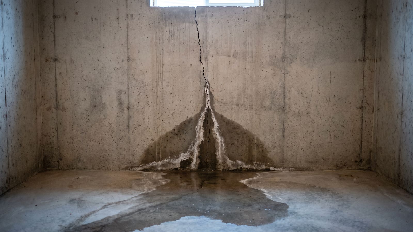 Groundwater weeping from a vertical crack in a poured concrete foundation wall, one reason basements flood in heavy rain