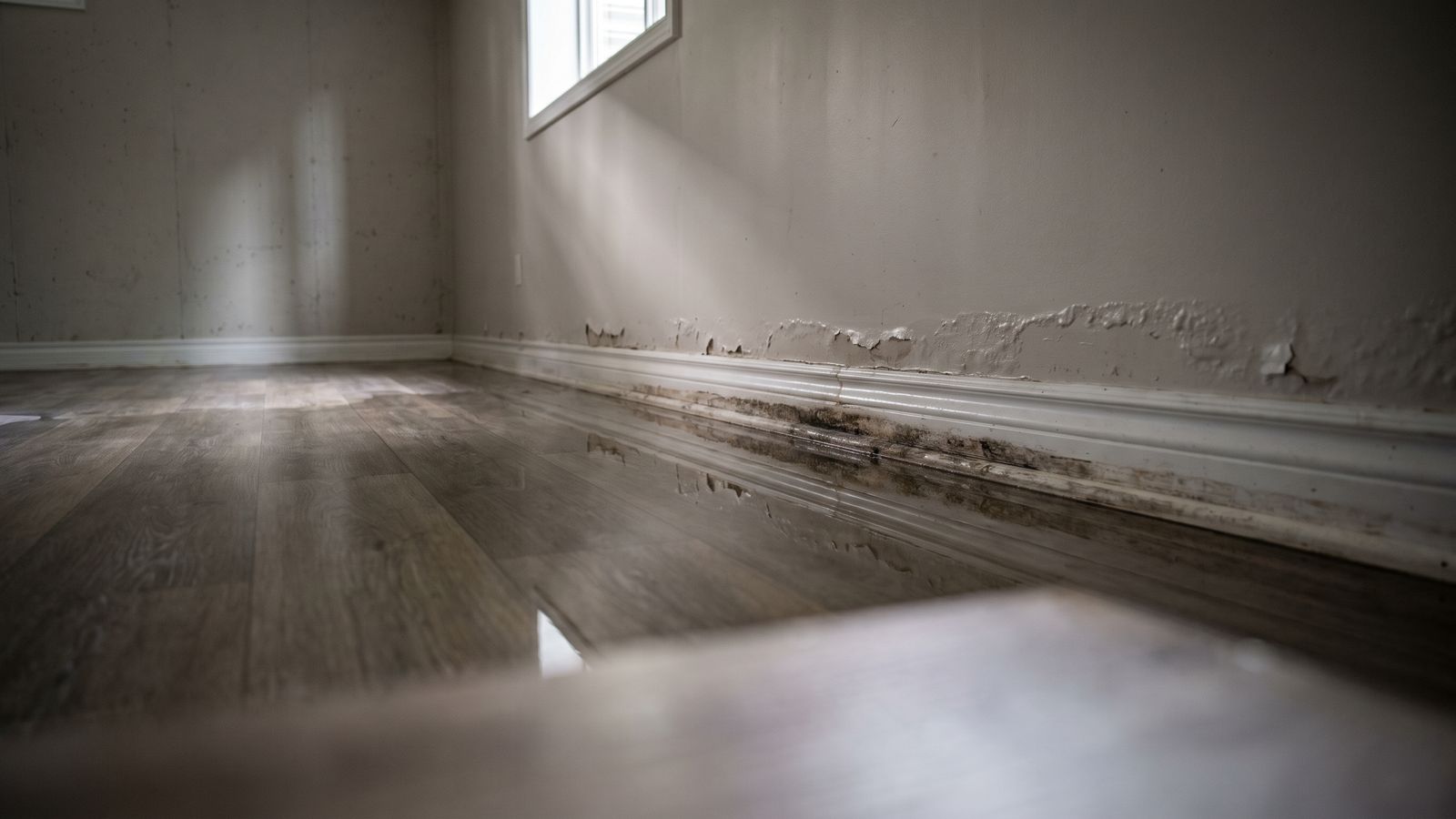 Water lying on the wood-look plank floor of a flooded basement, with blistered paint and dark staining along the base trim