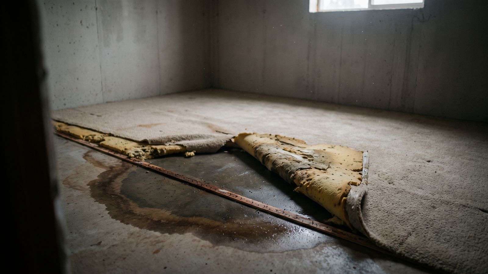 Carpet and soaked foam pad pulled back from the tack strip onto a stained slab during flooded basement cleanup