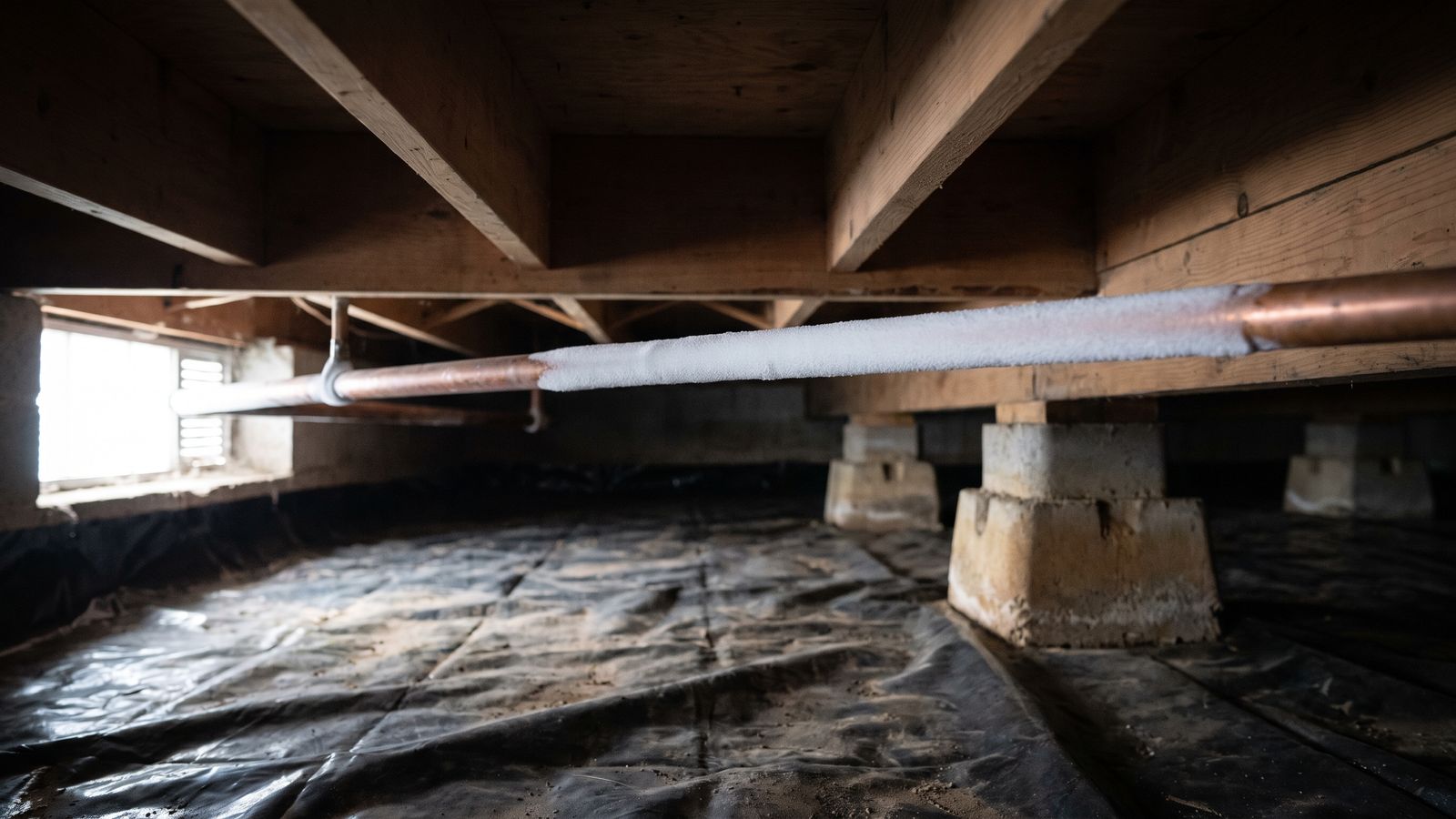 Frost on a copper supply line in a crawl space Frost coating a copper supply line under floor joists in a vented crawl space, the first sign of frozen pipes
