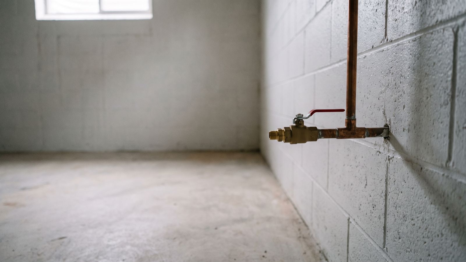 Main water shutoff valve on a basement wall Brass ball valve with a red lever handle on a copper main water shutoff at a painted block basement wall