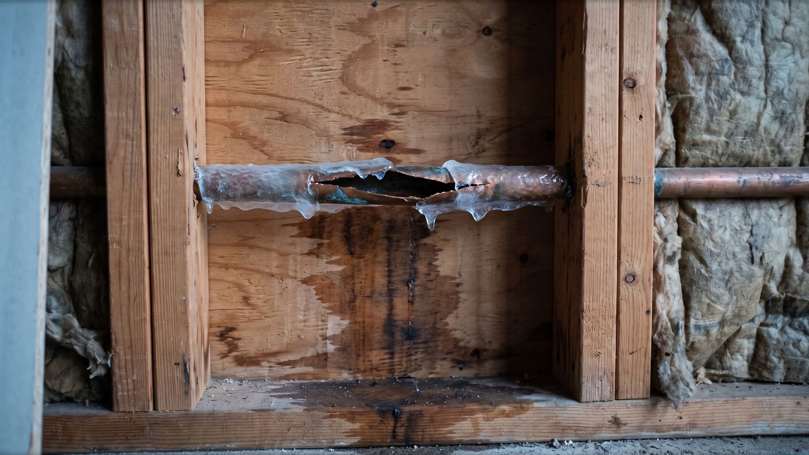 Split copper supply pipe in an open stud bay Split copper supply pipe glazed with ice in an open stud bay after a frozen pipe burst, wet sheathing below