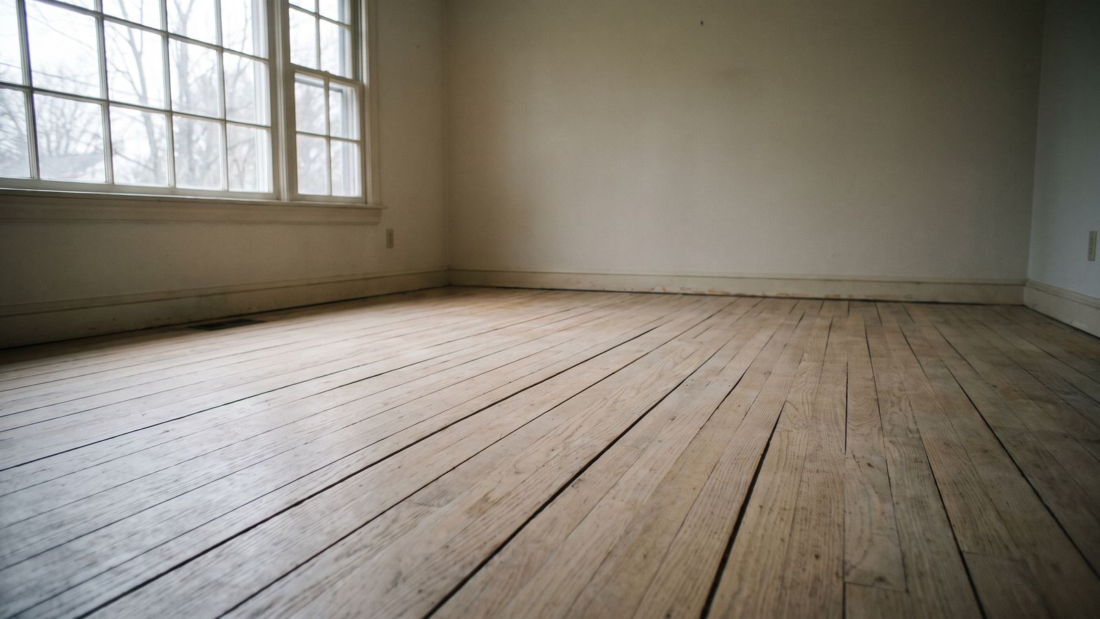 Bare sanded oak boards crowned along their centers with dark gaps opened at every seam after hardwood floor cupping