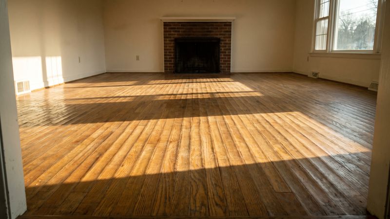 Hardwood floor cupping raises every board edge into parallel ridges across an empty living room floor