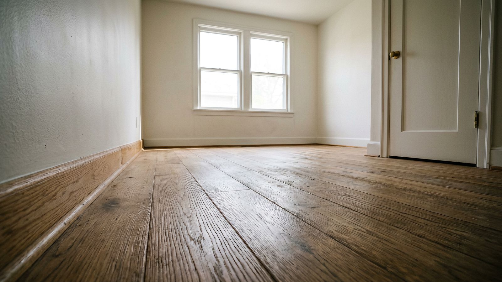 Wide oak planks showing hardwood floor cupping ridged along the baseboard and flatter out toward the window