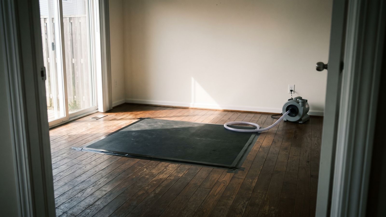 Drying mat taped over the boards with its hose to a squat suction unit, the professional answer to hardwood floor cupping