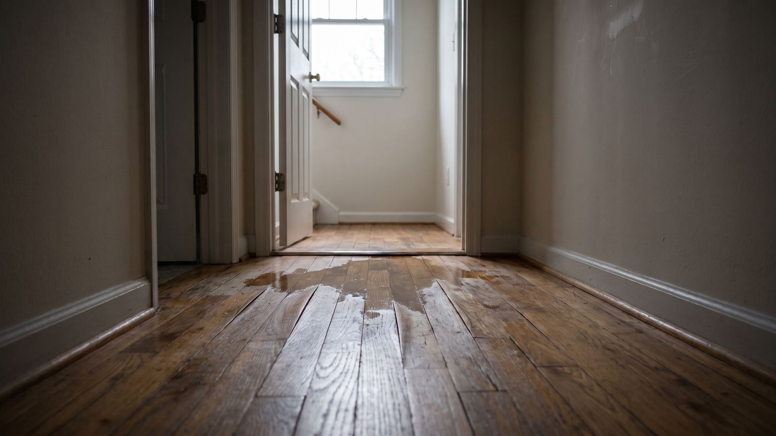 Water spreading across oak hallway boards from an open doorway, the moisture gradient behind hardwood floor cupping