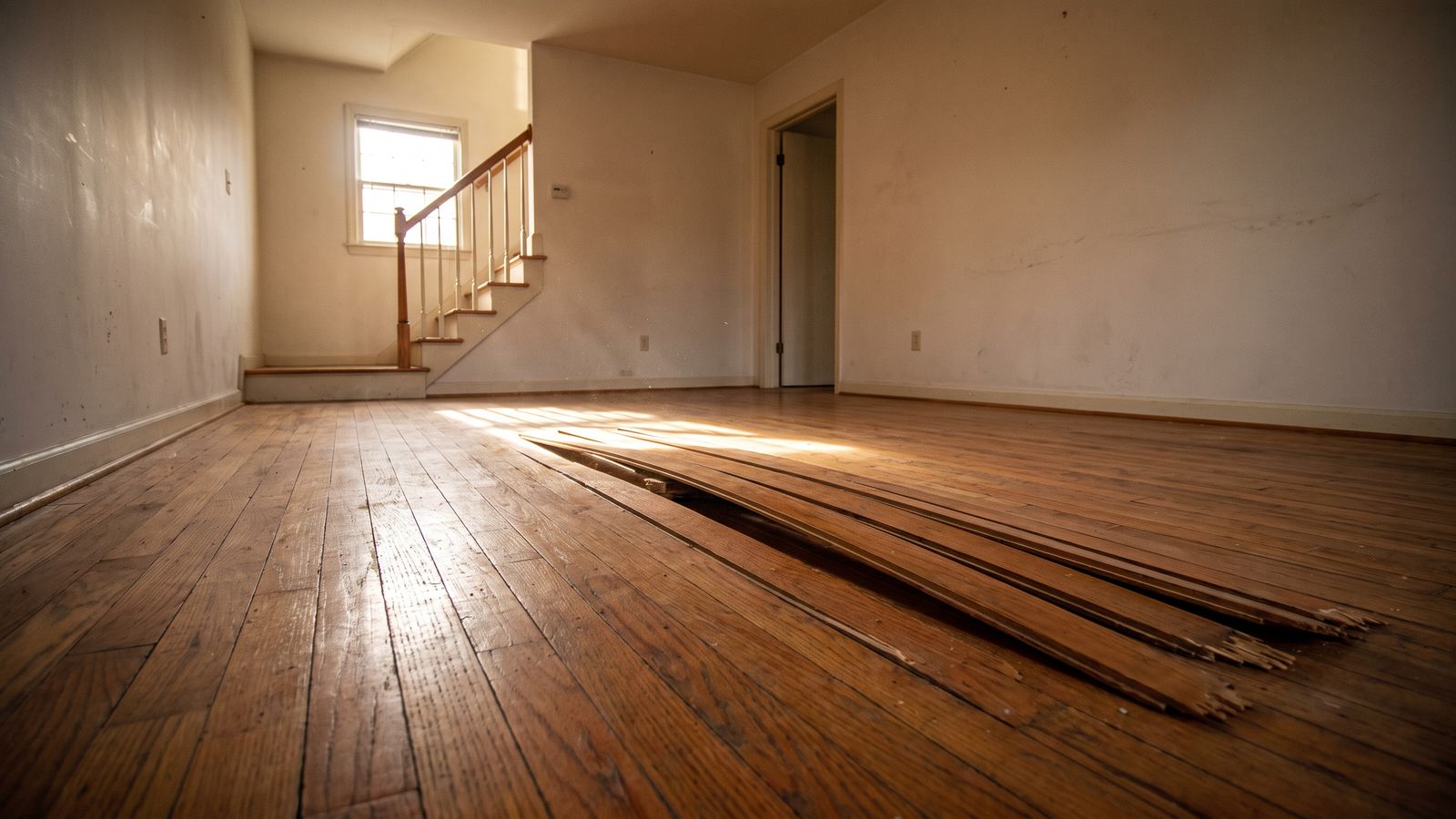 Buckled oak floorboards lifted and splintered off the subfloor in an empty room, severe hardwood floor water damage