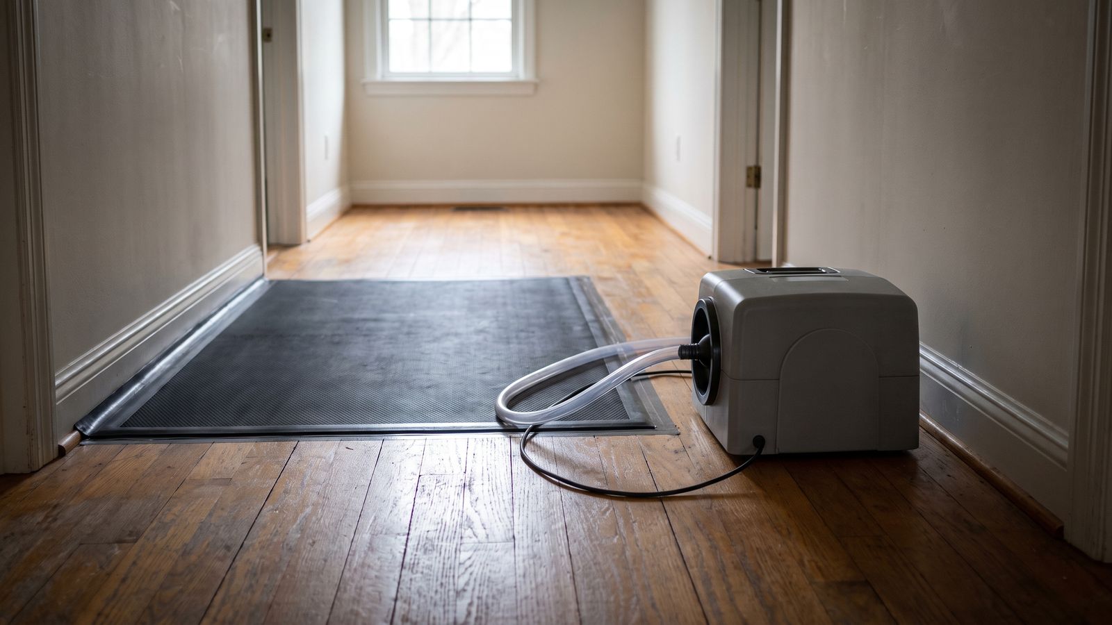 Hardwood floor water damage drying mat sealed to oak boards, a single hose running to a squat grey suction unit
