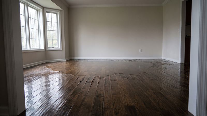 Shallow standing water lying across dark-stained oak strip flooring in an empty room, hardwood floor water damage