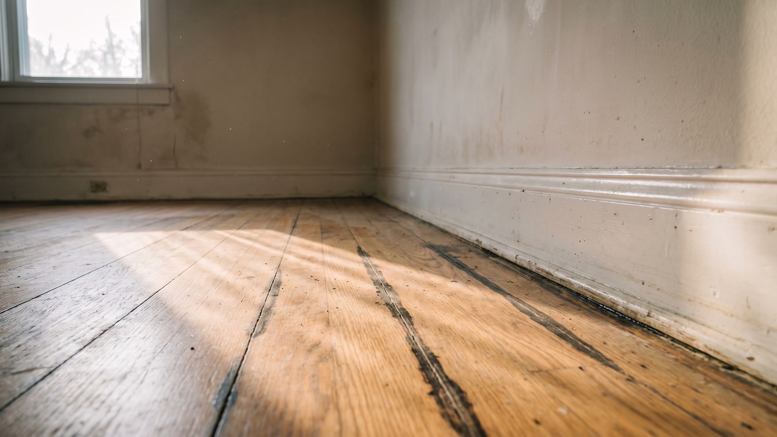 Black staining down the seams of oak boards and a dark tide line on the baseboard, hardwood floor water damage