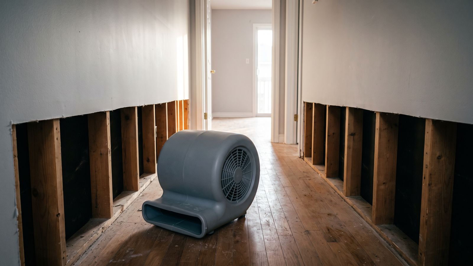 Air mover beside a flood-cut hallway wall Centrifugal air mover beside a hallway wall cut back to bare studs, the drying that outpaces mold growth after water damage