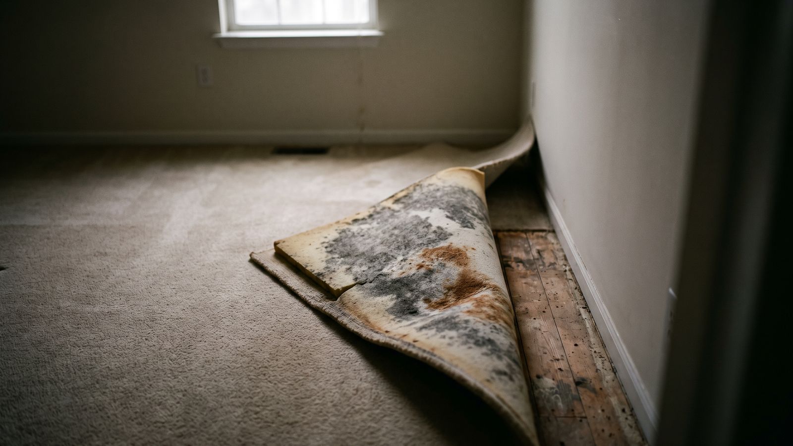 Mold on carpet backing and padding Carpet turned back to show mold blotching the backing and foam padding, where mold grows first after water damage