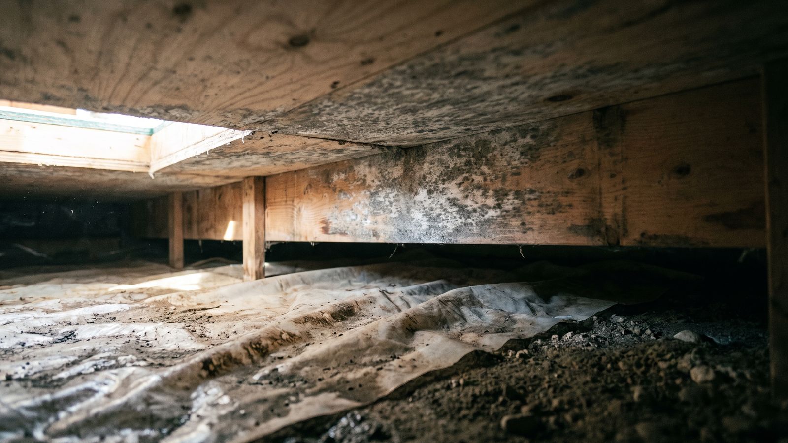 Mold on crawl space subfloor and joists Mold speckling the subfloor and joists of a damp crawl space, where mold grows fastest after water damage