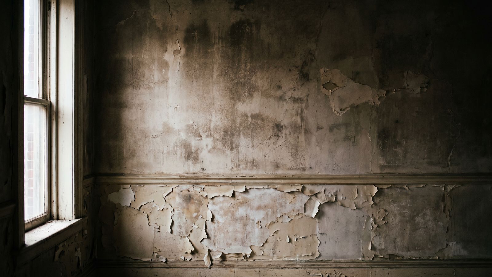 Damp plaster blistering above a chair rail Paint blistering off damp plaster above a chair rail, the slow-drying surface that stretches water damage restoration