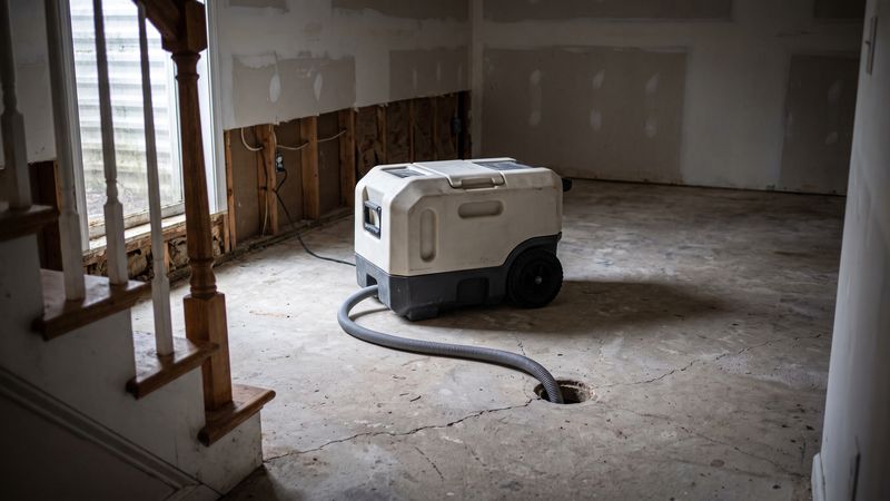 Commercial dehumidifier draining to a floor drain in a flood-cut basement during water damage restoration