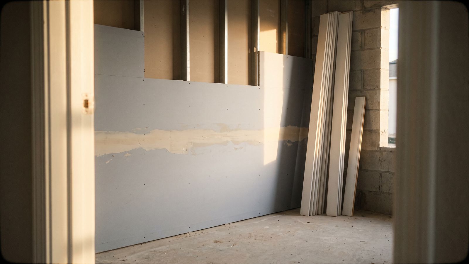 New drywall and baseboard waiting for finish New drywall hung with a bedded seam and primed baseboard stacked nearby, the repair stage of water damage restoration