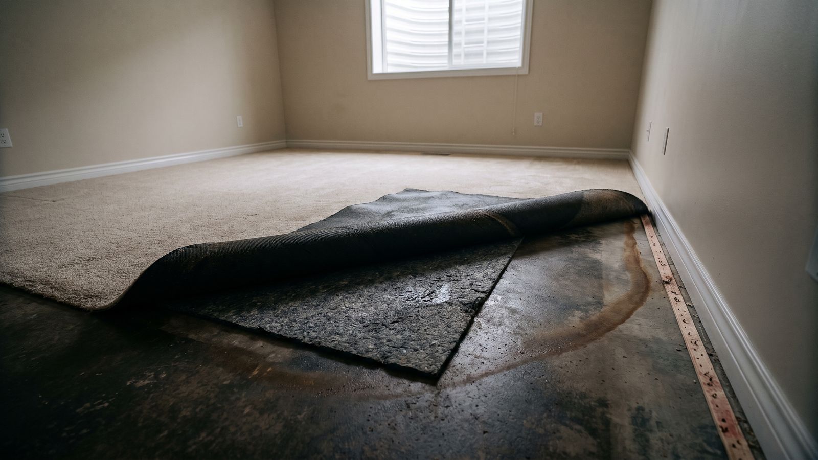 Carpet pulled back off a stained slab Carpet and soaked pad peeled back off a stained concrete slab at the start of water damage restoration