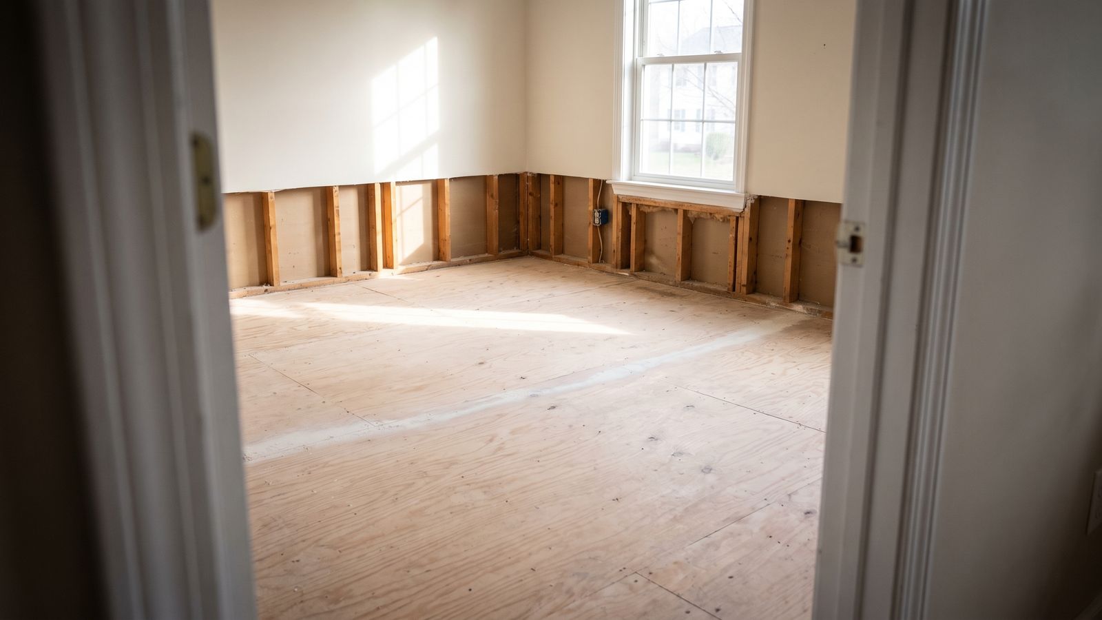 Stripped room standing dry after mitigation Stripped room with flood-cut walls and bare plywood subfloor standing dry after water damage restoration