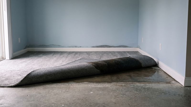 Carpet folded back off soaked cushion onto a damp basement slab, the wet layer that sets how long water damage takes to dry