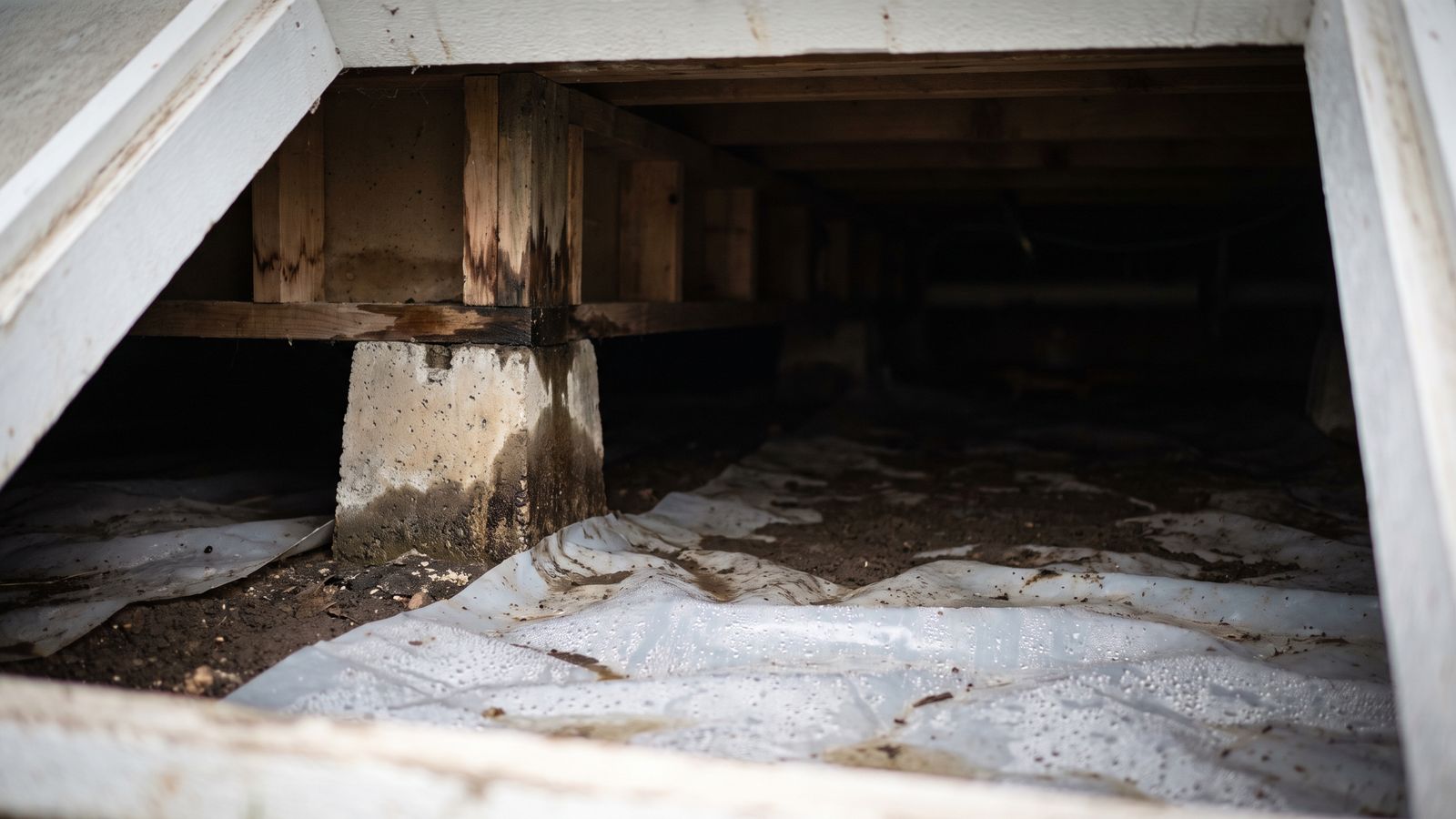 Condensation beading a crawl space vapor barrier over damp soil, the damp that delays how long water damage takes to dry