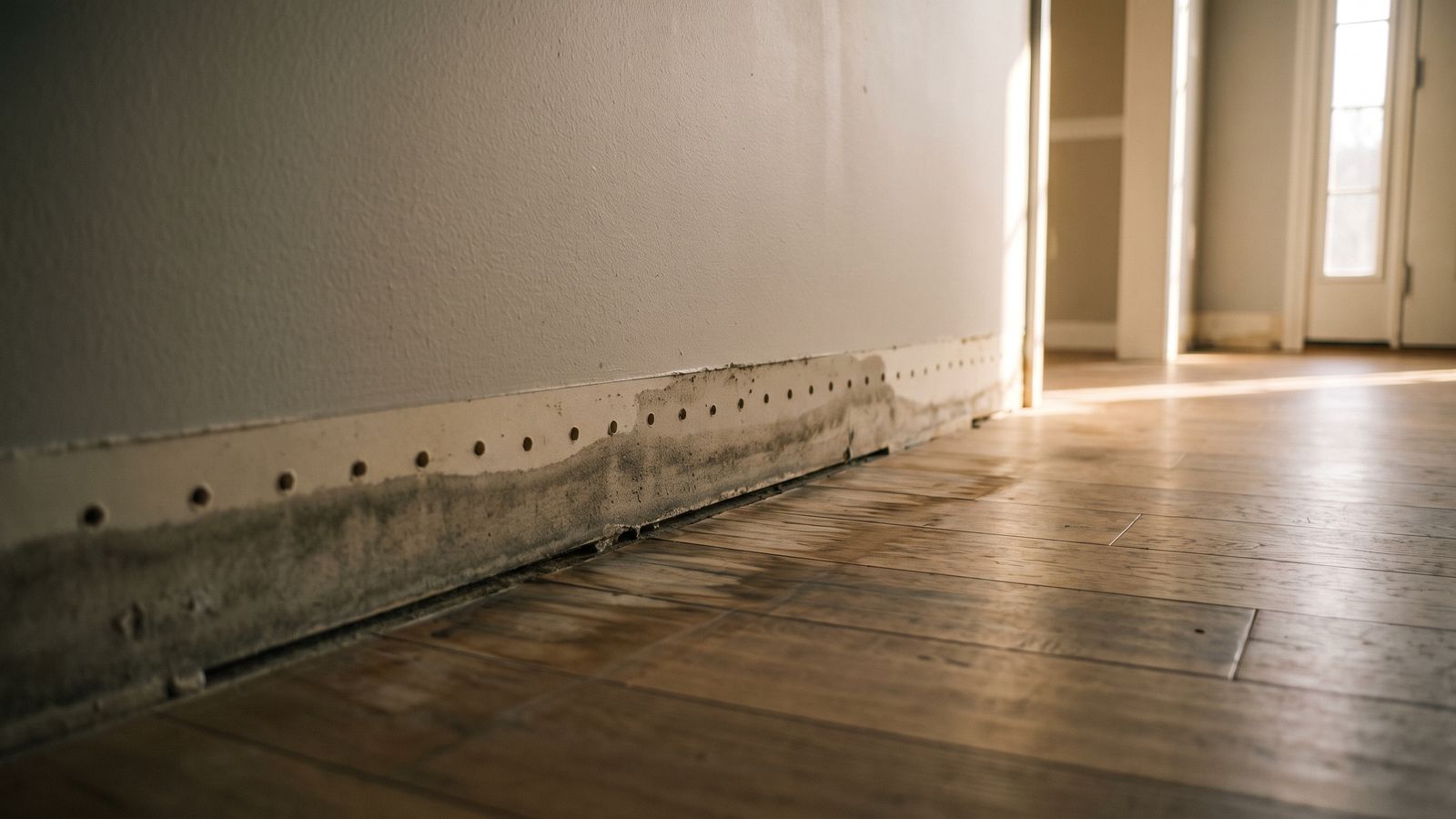 Tide line and drilled weep holes along a bare hallway wall base, hidden moisture behind how long water damage takes to dry
