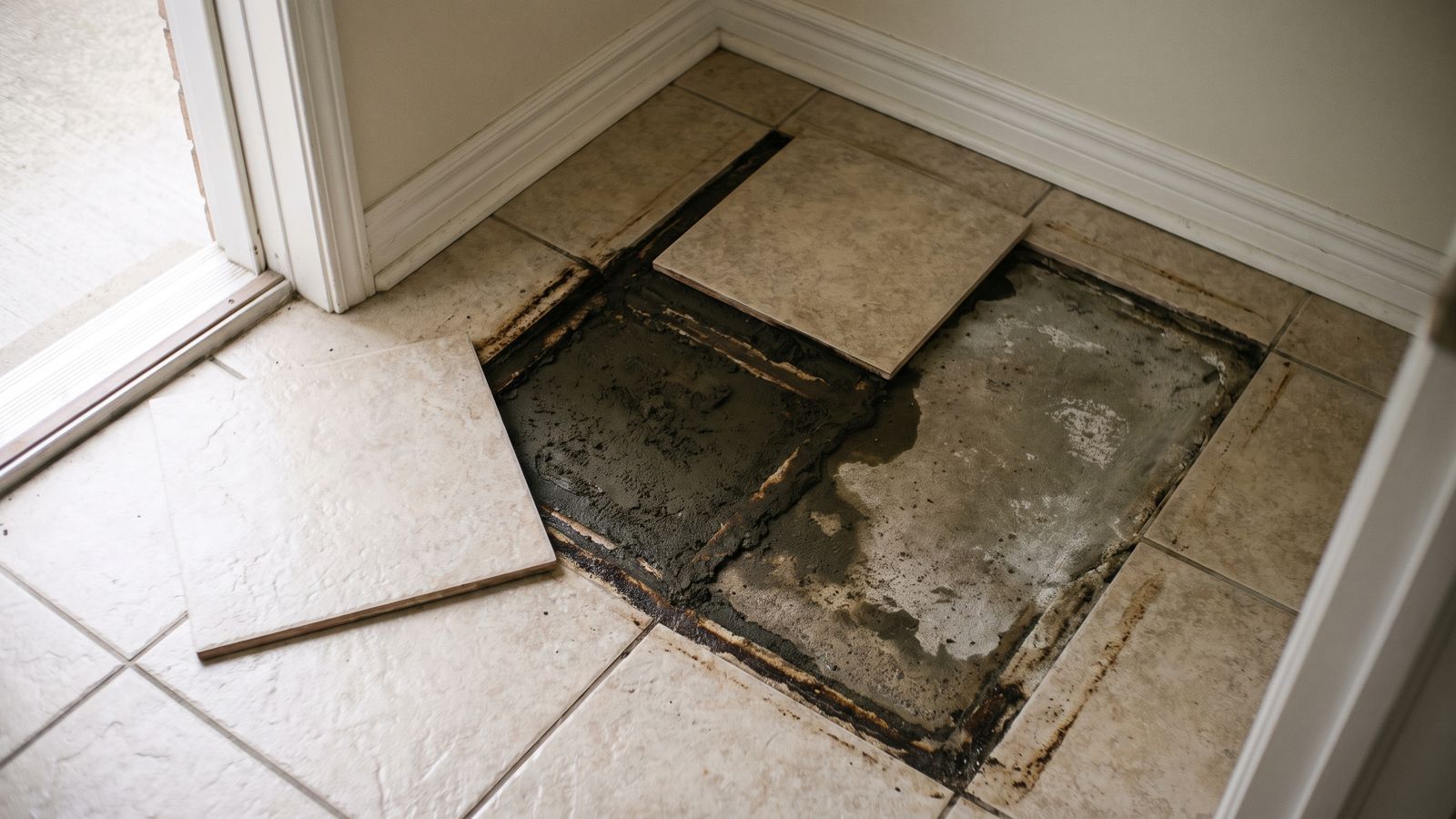 Tiles lifted over a saturated mortar bed and damp slab, dense layers that stretch how long water damage takes to dry