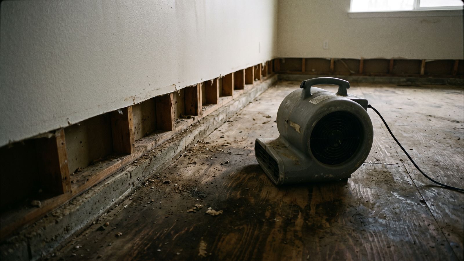 One air mover sits on a wet wood floor beside a flood-cut wall with exposed studs