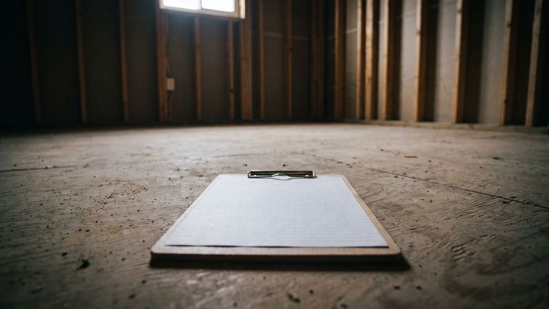 A blank ruled form clipped to a wooden board rests on plywood subfloor in a stripped room