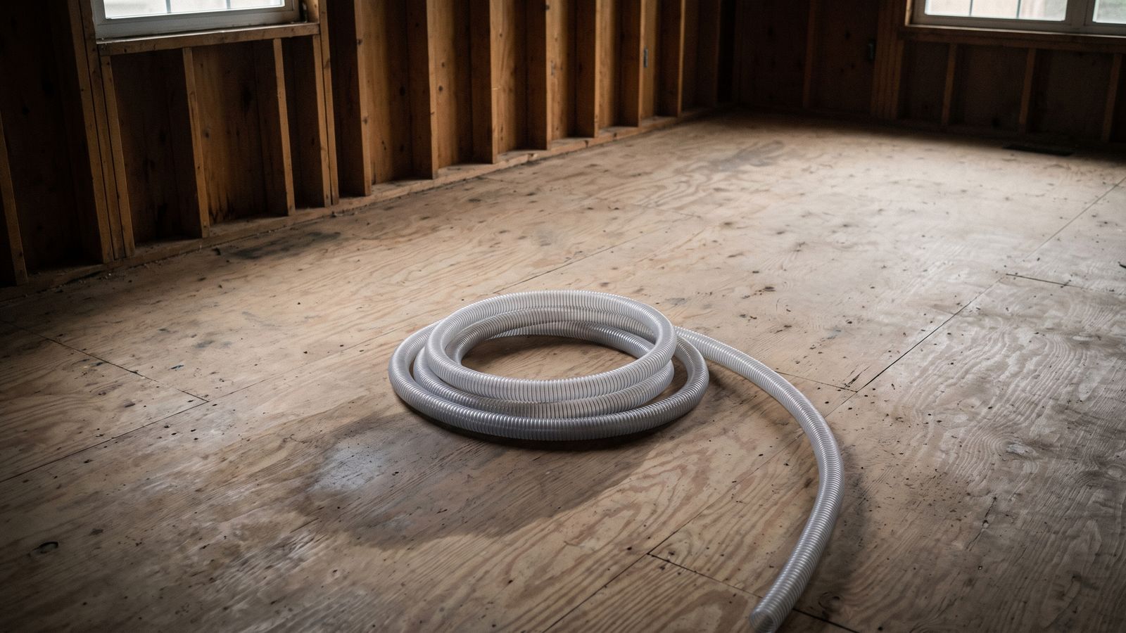 A long flexible hose lies coiled on exposed plywood subfloor in a stripped, empty room